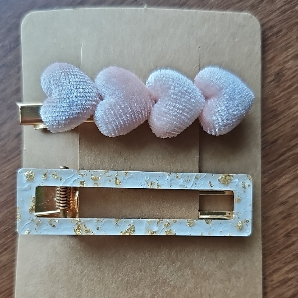 New Pink Velvet Heart and Gold Marble Color Hair Clip Barrette